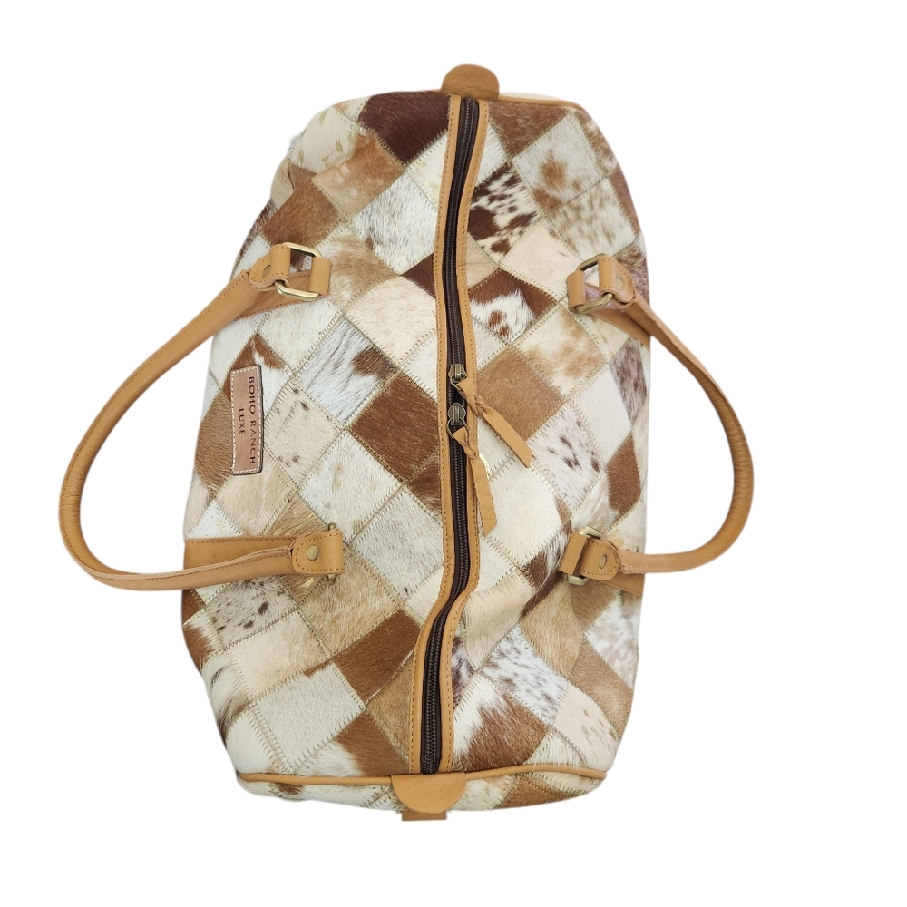 Boho Ranch Luxe Brown Patchwork Cowhide Weekender… - image 8